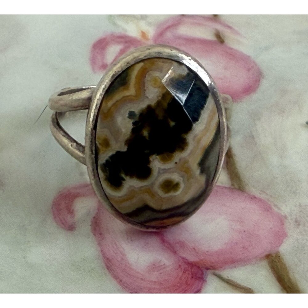Vintage 90's 925 Silver Split Shank Ring Faceted Spotted Jasper Sz 7 3/4